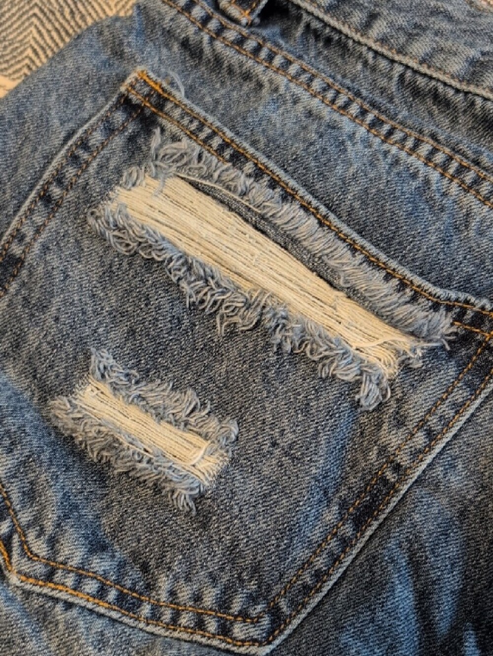 Bailey Ray & Co Blue Denim Cutoff Shorts with Red & White Flag Patches. American - Picture 4 of 7